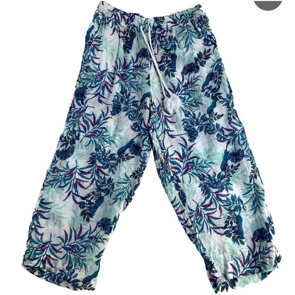 Cynthia Rowley Pants - Cynthia Rowley 100% Linen Pants Size Medium Blue Floral Tropical Wide Leg